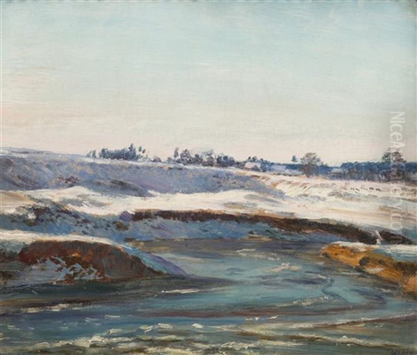The Frozen Chrudimka River Oil Painting by Frantisek Kavan