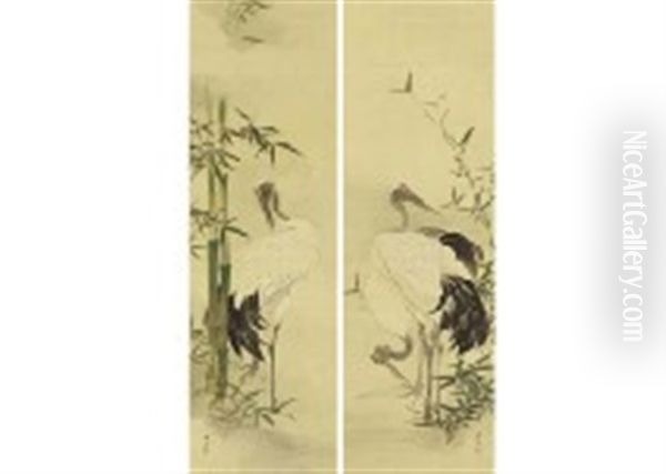Young Bamboo And Crane, Blue Banboo And Playing Crane (pair) Oil Painting by Gyokusho Kawabata