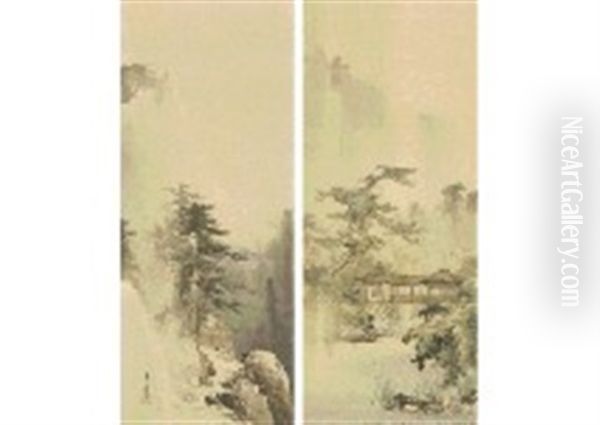 Kyoraku Four Seasons Shugakuin Summer Kurama Mounta In Winter (a Pair Of Scrolls) Oil Painting by Manshu Kawamura