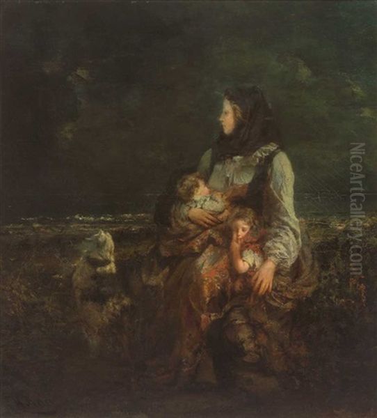 Mutter Mit Zwei Kindern Und Spitz, Am Strand Wartend Oil Painting by Hermann Kay