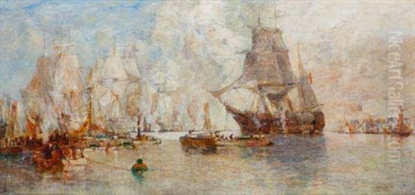 Riverscene And Shipping Oil Painting by James Kay