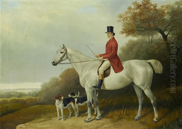Horseman With His Hounds In A Landscape Oil Painting by E.J. Keeling