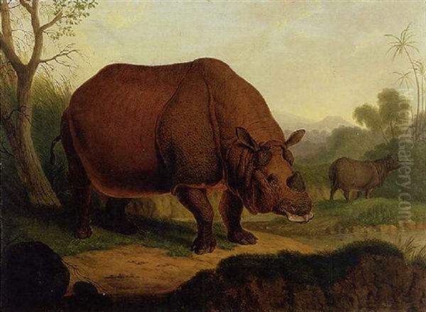 A Rhinoceros Oil Painting by Christian Wilhelm Karl Kehrer