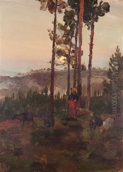 Landscape With Shepherd Oil Painting by Alfredo Keil