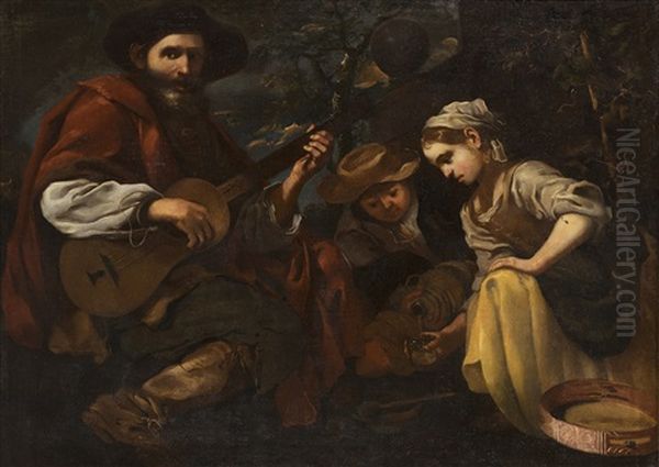 Suonatore Di Chitarra Con Ragazzetto E Bambina Oil Painting by Bernhard Keil, Monsu Bernardo