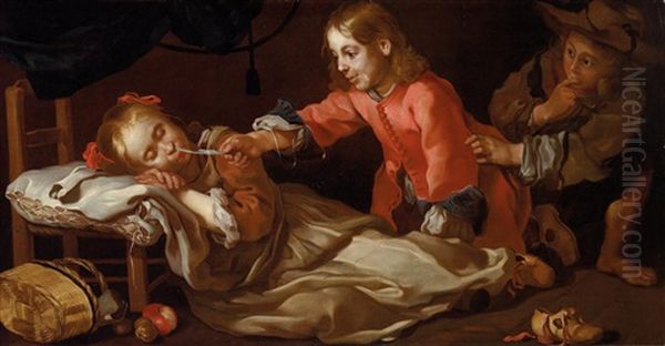Sleeping Girl With Two Children Playing; And Boys Quarreling Oil Painting by Bernhard Keil, Monsu Bernardo