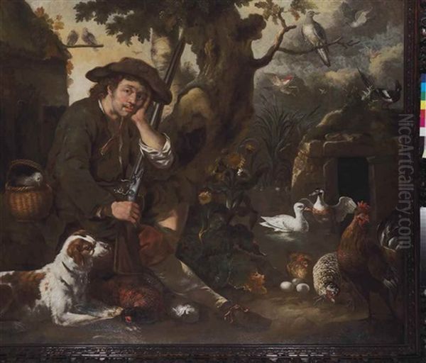 A Huntsman Resting By A Tree With A Hound, Chickens And Other Birds Oil Painting by Bernhard Keil, Monsu Bernardo