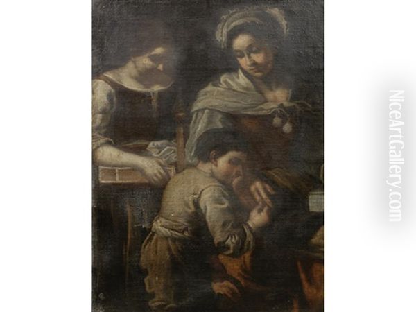 A Mother And A Child With A Maid In An Interior Oil Painting by Bernhard Keil, Monsu Bernardo