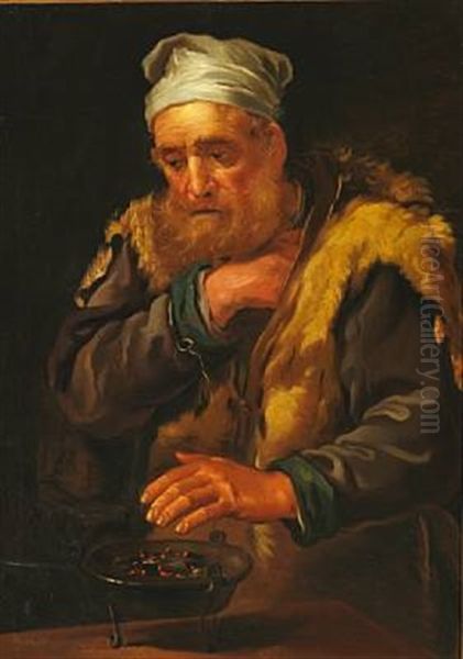 Interior With An Old Man Heating His Hands Over A Brazier. Presumably An Allegory Over The Sense Of Touch Oil Painting by Bernhard Keil, Monsu Bernardo