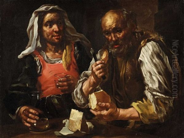 A Pair Of Farmers Eating - The Sense Of Taste Oil Painting by Bernhard Keil, Monsu Bernardo