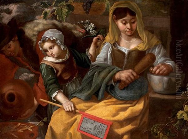 Une Casseuse De Noix Et Deux Enfants Dont L'un Tient Un Exemplaire De La Canzone Delle Lodi Di Madonna Tenerina De Giulio Cesare Croce Oil Painting by Bernhard Keil, Monsu Bernardo