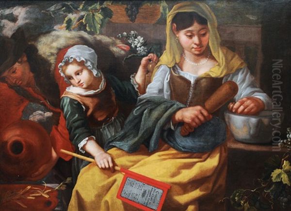 A Family Of Savoyards In The Kitchen Oil Painting by Bernhard Keil, Monsu Bernardo