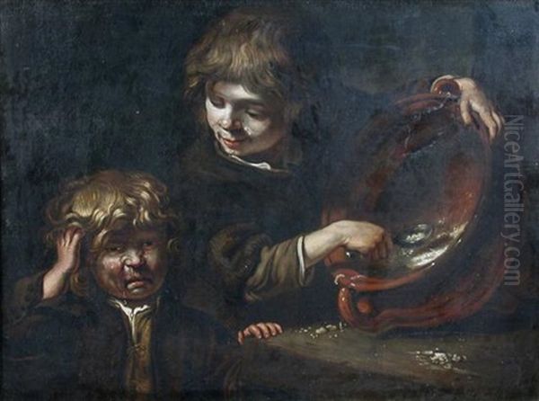 Two Boys Squabbling Over A Bowl Of Gruel Oil Painting by Bernhard Keil, Monsu Bernardo