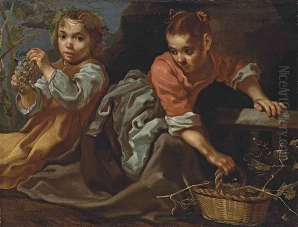 Allegory Of Autumn, Or Taste: Two Children With A Basket Of Grapes Oil Painting by Bernhard Keil, Monsu Bernardo
