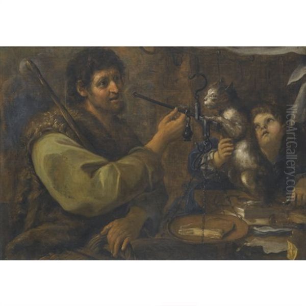 A Shepherd Weighing A Slice Of Ham, Beside A Cat And A Young Boy Oil Painting by Bernhard Keil, Monsu Bernardo