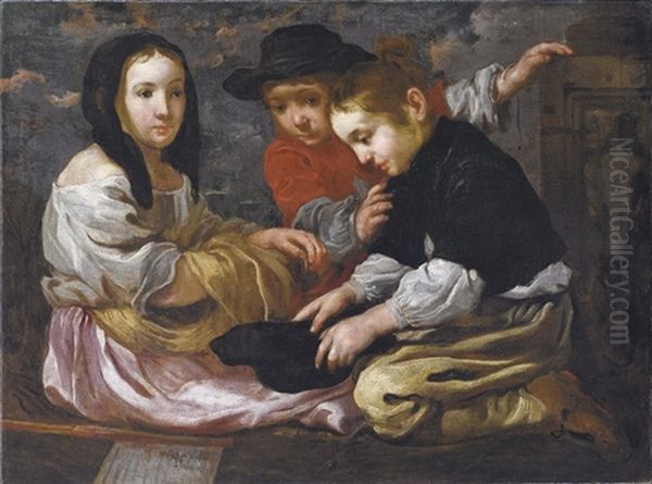 Tre Ragazzi Che Giocano A Cappelletto (allegoria Della Vista) Oil Painting by Bernhard Keil, Monsu Bernardo