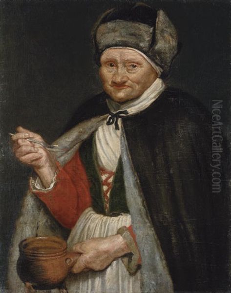 An Allegory Of Taste - Portrait Of A Lady In A Black Fur-lined Cape, Holding A Silver Spoon And Terracotta Bowl Oil Painting by Bernhard Keil, Monsu Bernardo