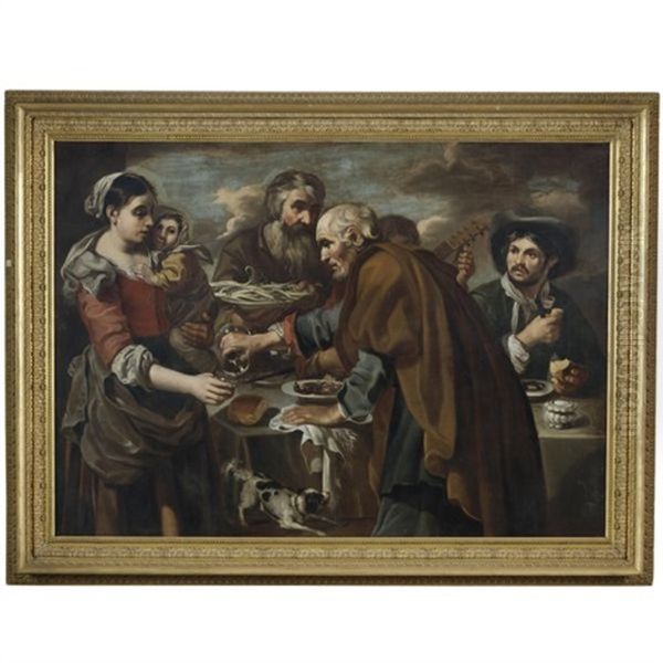 A Roman Street Scene With Peasants Eating And Drinking, Possibly Representing The Five Senses Oil Painting by Bernhard Keil, Monsu Bernardo