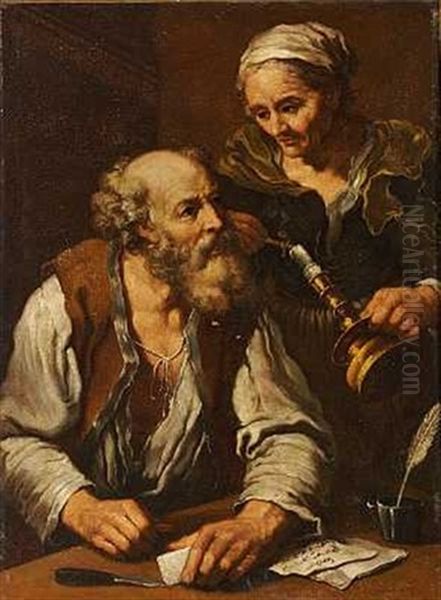A Man Sealing A Letter, A Woman Beside Him Oil Painting by Bernhard Keil, Monsu Bernardo