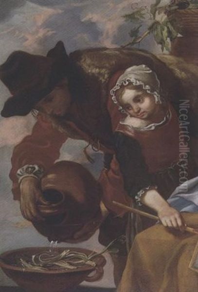 A Man Pouring Water On A Bowl Of Beans, A Young Girl Nearby Oil Painting by Bernhard Keil, Monsu Bernardo