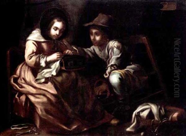 An Interior With A Young Seamstress Together With A Young Boy Carrying A Brazier (an Allegory Of Winter?) Oil Painting by Bernhard Keil, Monsu Bernardo