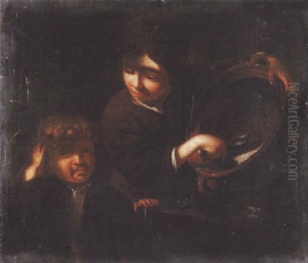 A Boy Eating Porridge Out Of A Large Bowl With His Brother Looking On Oil Painting by Bernhard Keil, Monsu Bernardo
