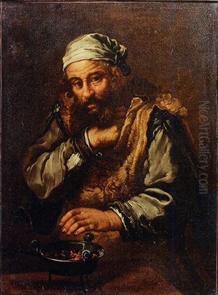 Vecchio Che Si Scalda La Mano Ad Uno Scaldino Oil Painting by Bernhard Keil, Monsu Bernardo