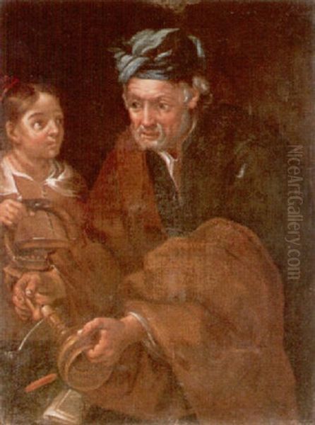 An Old Man Lighting A Candle With A Young Girl Oil Painting by Bernhard Keil, Monsu Bernardo