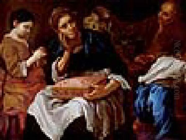 Donna Intenta A Ricamare Oil Painting by Bernhard Keil, Monsu Bernardo