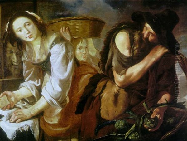 A Figure Selling Artichokes With A Woman Grating Cheese Oil Painting by Bernhard Keil, Monsu Bernardo