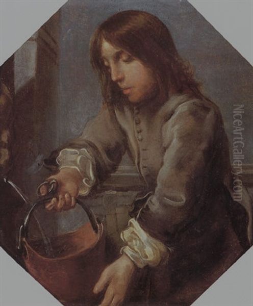 A Boy At A Well Filling A Bucket With Water Oil Painting by Bernhard Keil, Monsu Bernardo