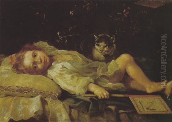 Bambina Sdraiata Con Ventaglio Oil Painting by Bernhard Keil, Monsu Bernardo