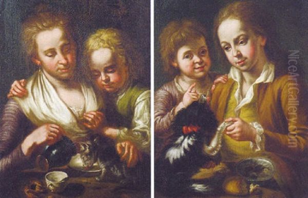 Girls Feeding A Cat Oil Painting by Bernhard Keil, Monsu Bernardo