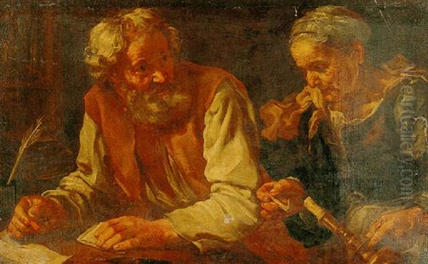An Old Man And Woman Placing A Wax Seal On A Letter Oil Painting by Bernhard Keil, Monsu Bernardo