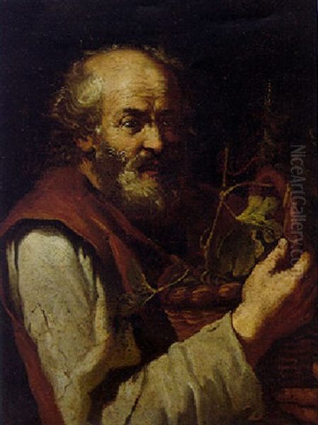 Bearded Peasant Holding A Basket Containing Vine Leaves Oil Painting by Bernhard Keil, Monsu Bernardo
