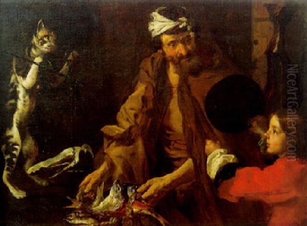 A Fishmonger, A Boy And A Cat Weighing A Piece Of Ham On Scales Oil Painting by Bernhard Keil, Monsu Bernardo