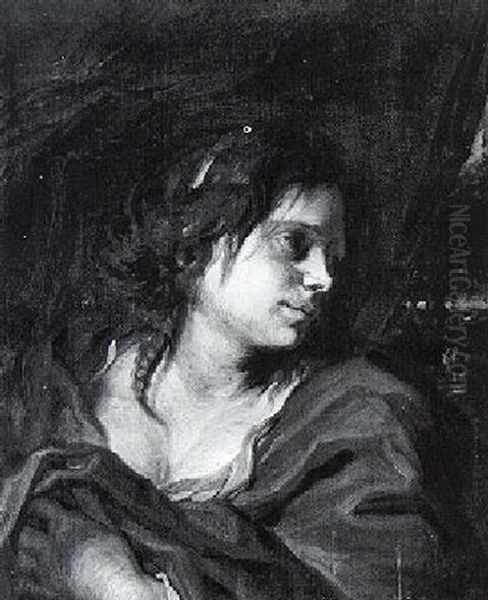 A Young Woman Before A Curtain With Landscape Beyond Oil Painting by Bernhard Keil, Monsu Bernardo