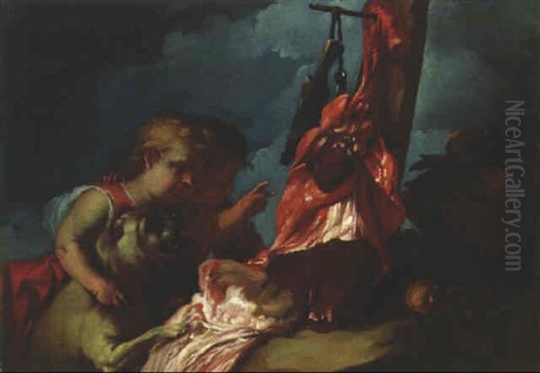 Boys Showing Animal Lights To A Dog Oil Painting by Bernhard Keil, Monsu Bernardo