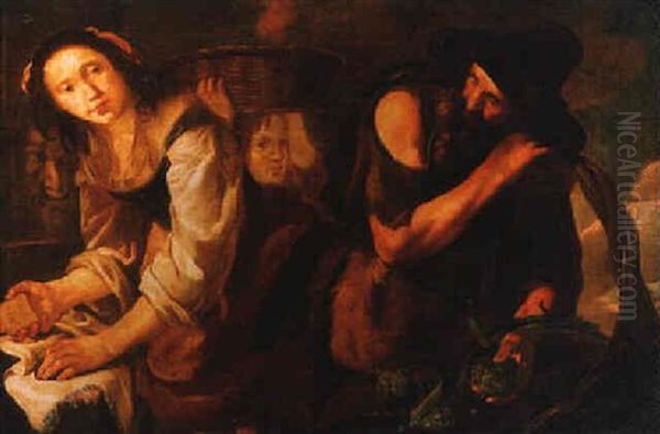 A Washerwoman And Her Family At Market Oil Painting by Bernhard Keil, Monsu Bernardo