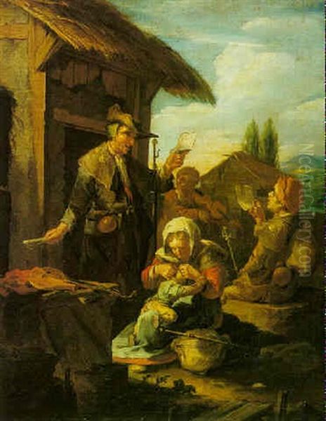 Peasants Singing And A Woman Delousing Her Child Outside At An Inn Oil Painting by Bernhard Keil, Monsu Bernardo