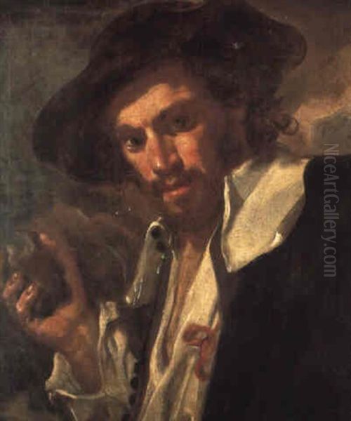 A Man In A Black Hat, Holding A Stone Oil Painting by Bernhard Keil, Monsu Bernardo