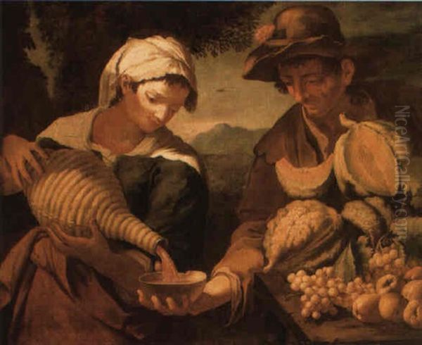 A Serving Girl Pouring Wine For A Fruit Seller Oil Painting by Bernhard Keil, Monsu Bernardo