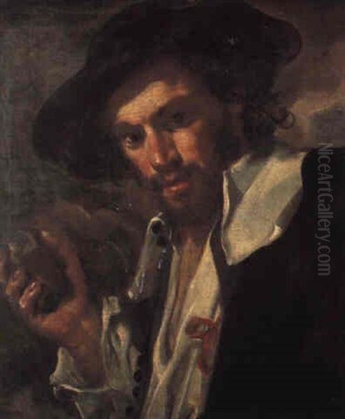 A Man, Bust Length, In A Black Hat, Holding A Stone Oil Painting by Bernhard Keil, Monsu Bernardo