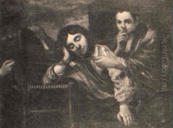 Two Boys Playing A Practical Joke On A Third Boy Oil Painting by Bernhard Keil, Monsu Bernardo