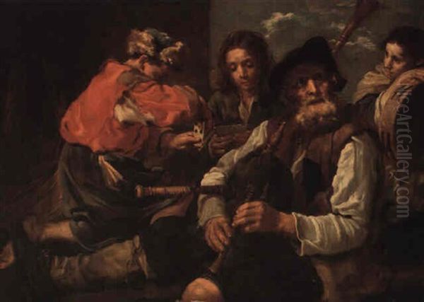 Four Peasants In A Landscape: Allegory Of Hearing And Sight Oil Painting by Bernhard Keil, Monsu Bernardo