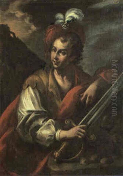 David Clutching His Sword In His Right Hand And Leaning     Against The Head Of Goliath On A Stone Plinth Oil Painting by Bernhard Keil, Monsu Bernardo