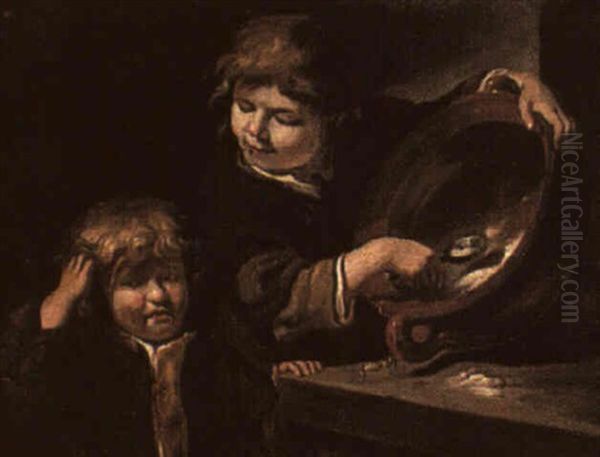 Two Boys With An Earthenware Bowl Oil Painting by Bernhard Keil, Monsu Bernardo