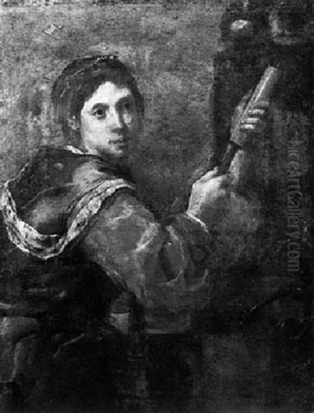 A Study Of A Young Girl Holding A Large Veterinary Syringe, Watched By A Seated Cat On A Wall Oil Painting by Bernhard Keil, Monsu Bernardo