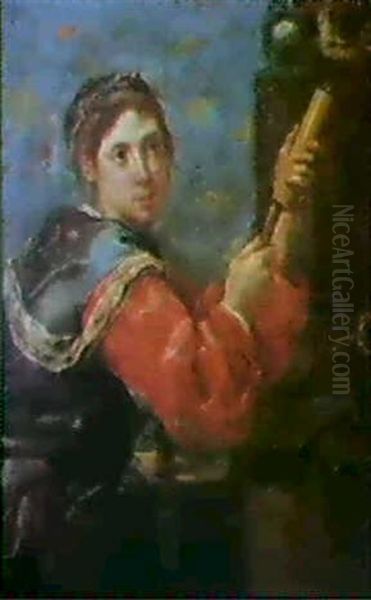 A Study Of A Young Girl Holding A Large Veterinary Syringe  Watched By A Seated Cat On A Wall Oil Painting by Bernhard Keil, Monsu Bernardo