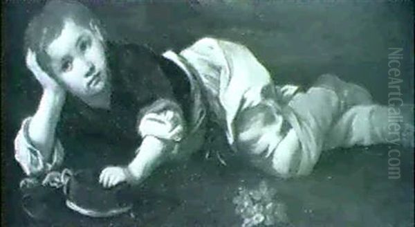 A Reclining Boy Leaning On His Elbow, Holding Onto A Hat    With His Left Hand Oil Painting by Bernhard Keil, Monsu Bernardo